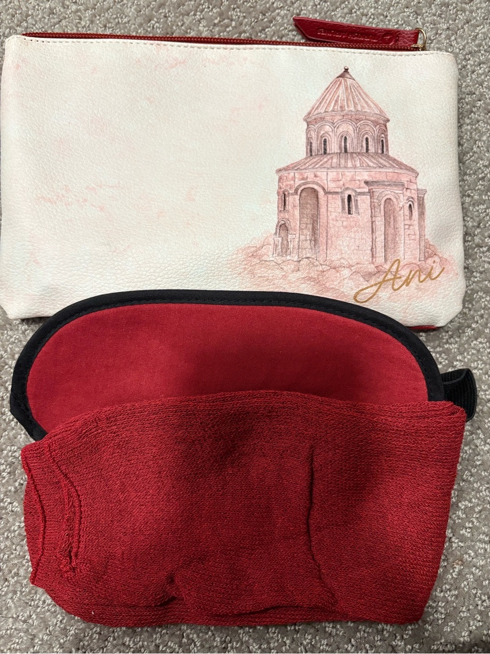 White Pouch with Pink Architectural leather Print & Red Velvet Eye Mask Set